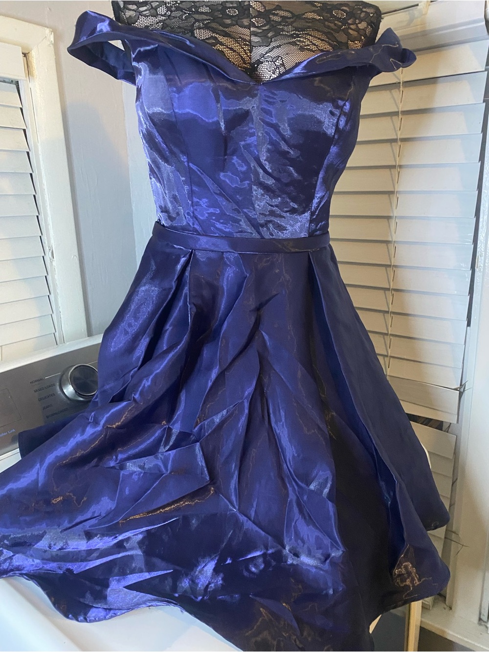 Alyce Paris Off-Shoulder High-Low Satin Dress in Deep Royal Blue